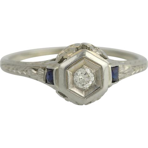 Art Deco Diamond And Syn Sapphire Engagement Ring 18k White Gold Fine