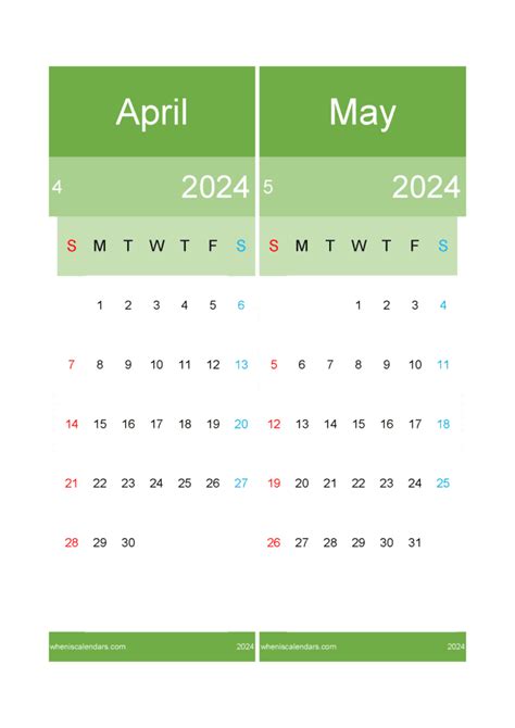 Download May And April Calendar 2024 A4 Am24027