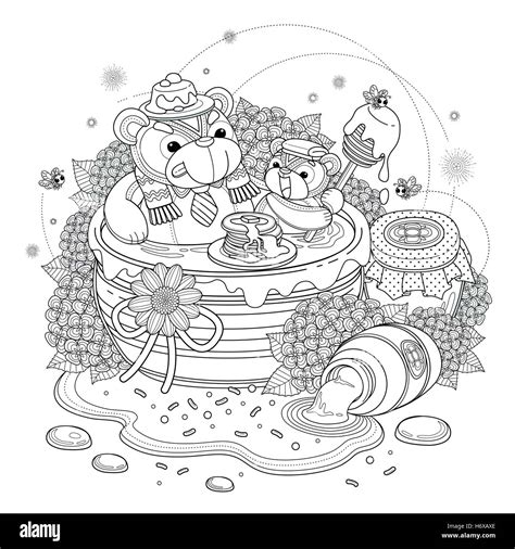 Lovely Bear Adult Coloring Page Bears Enjoying Sweet Honey Hydrangea And Honey Jar Elements