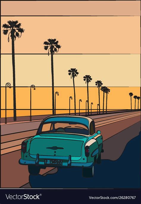 Retro Car Driving On A Highway At Sunset Vector Image On Vectorstock