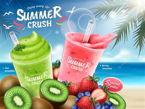Premium Vector Fruit Smoothies Ads Kiwi And Berries Smoothie Cup And Bunch Of Fruits Isolated