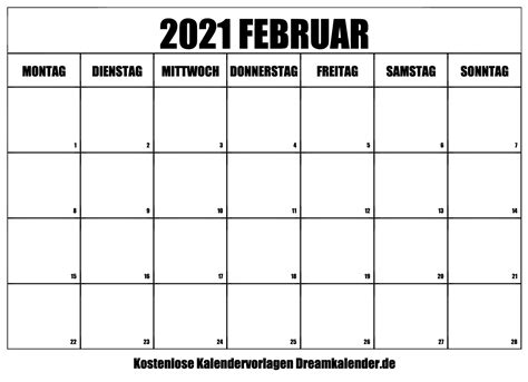 Jeder monat wird auf einer seite gedruckt. Kalender Februar 2021