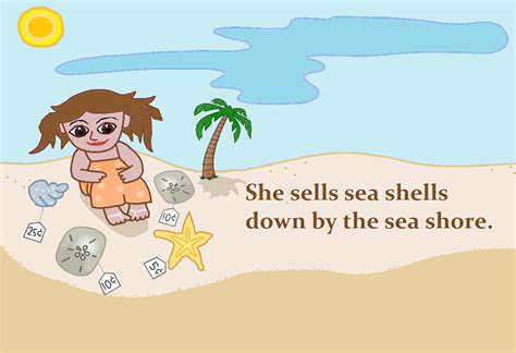 She Sells Sea Shells Tongue Twister One Page Illustrated Handout Easy Reading Free