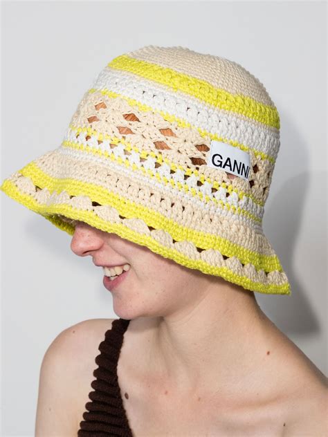 Ganni Neutral Striped Crochet Bucket Hat Browns