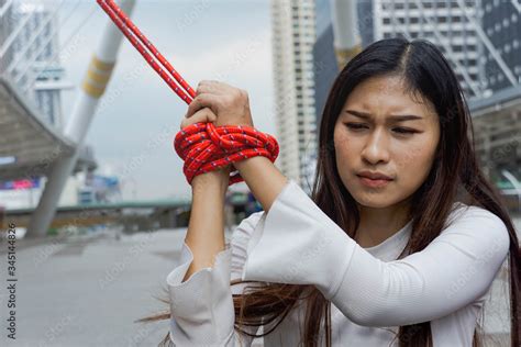Female Hands Tied Up With Red Rope Woman Hands Bound Prisoner Pain