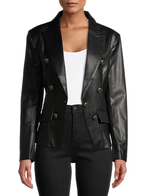 Attitude Unknown Womens Faux Leather Double Breasted Short Blazer