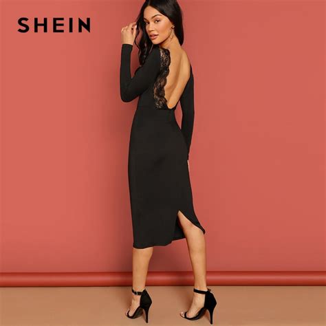 Shein Black Lace Trim Backless Bodycon Pencil Dress Elegant Knee Length
