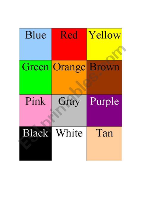 English Worksheets Color Words Chart