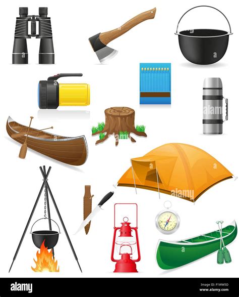 Set Icons Items For Outdoor Recreation Vector Illustration Isolated On