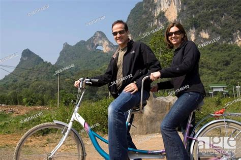 Moon Hill Yangshuo China Couple On Tandem Bike Stock Photo Picture