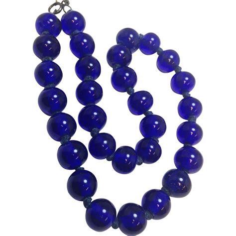 Vintage Handknotted Cobalt Blue Glass Beaded Necklace From