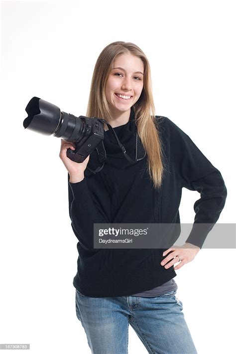 Happy Female Photographer Holding Camera Isolated White Background High