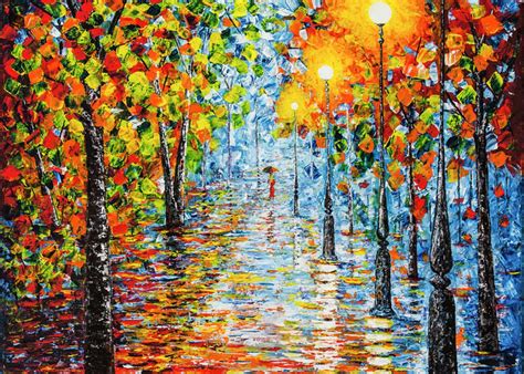 Rainy Autumn Evening In The Park Acrylic Palette Knife Painting
