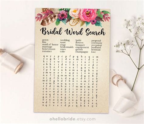 Printable Bridal Shower Games Word Search Boho Bridal Game Printable