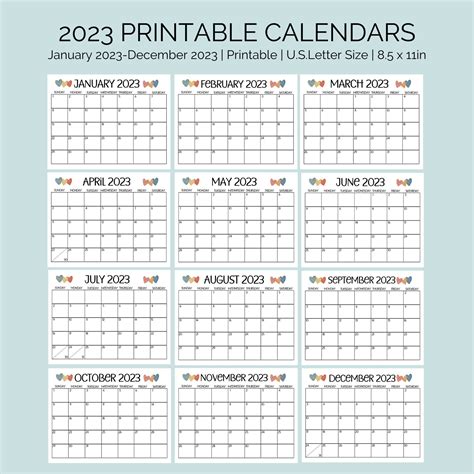 2023 Printable Calendars January 2023 December 2023 Yearly Etsy Canada