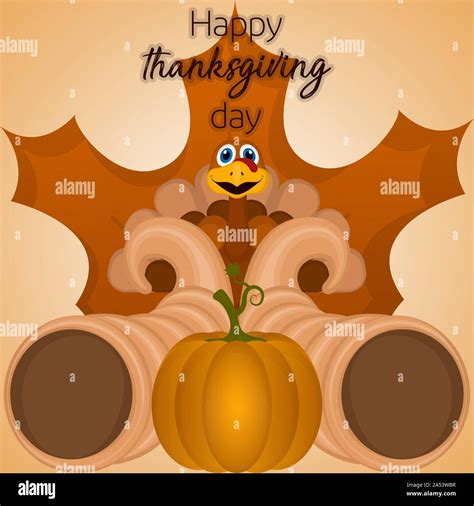 Happy Thanksgiving Day Card With A Turkey Cornucopias Pumpkin And