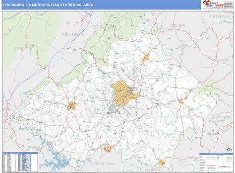 Lynchburg, VA Metro Area Wall Map Basic Style by MarketMAPS - MapSales.com
