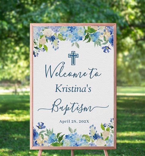 Chic Blue Hydrangea Floral Baptism Welcome Sign Blue