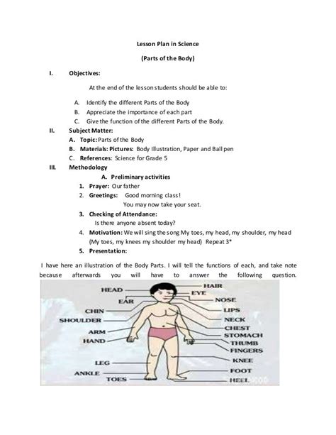 Lesson Plan In Science Parts Of The Body