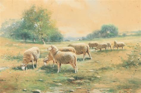R L Johnston Watercolor Painting Of Grazing Sheep Ebth