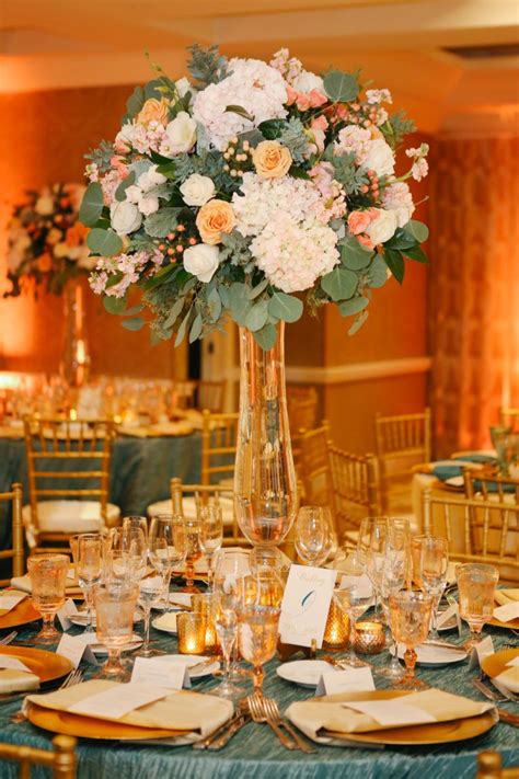 Dark Teal Coral And Gold Wedding Reception Decor And Centerpieces