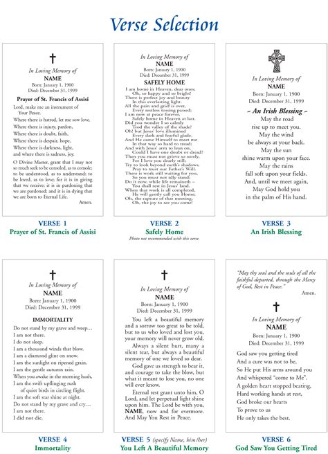 There are a vast number of traditional funeral or memorial scriptures, prayers, sayings and quotes. Memorial Cards | Prospect Hill Company