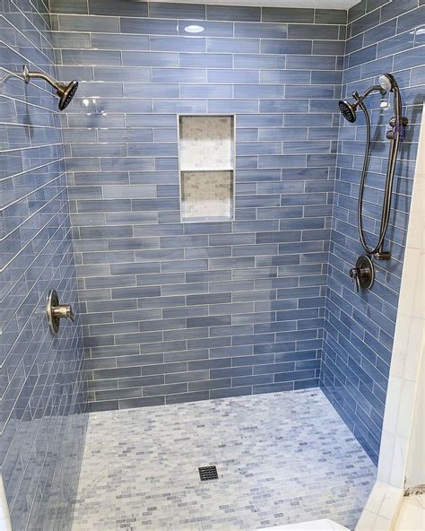 The most common blue subway tile material is vinyl. A Color Story: Blue | Glass tile shower, Glass tile ...
