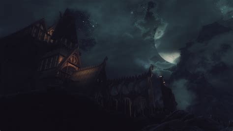 The Elder Scrolls V Skyrim Video Games Whiterun Night Sky Moon