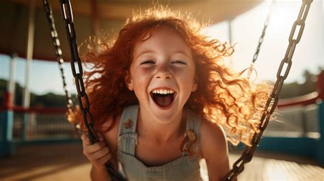 freckle faced redhead girl bursting into laughter as she flies on a swing