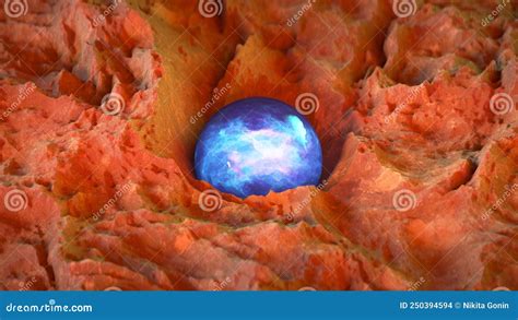 Mysterious Glowing Blue Sphere On Rocky Ground 3d Render Stock