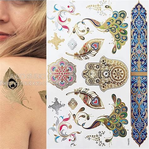 1pcs flash feathers peacock products metallic waterproof temporary tattoo gold silver