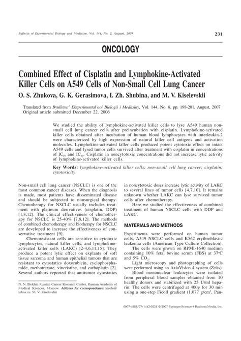 PDF Combined Effect Of Cisplatin And Lymphokine Activated Killer