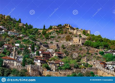 Old Town In Alanya Turkey Ancient Ruins Of Fortress Walls And Modern