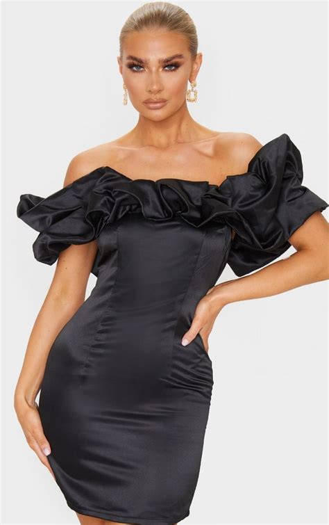 black satin ruffle bardot bodycon dress bodycon dress with sleeves bardot bodycon dress
