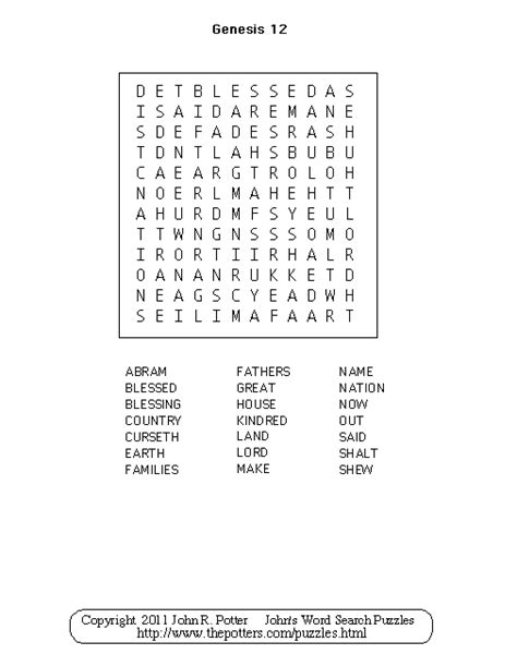 Johns Word Search Puzzles Kids Genesis 12