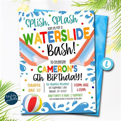 Water Slide Birthday Invitationbackyard Waterslide Splash Digital Invite Evite Personalized