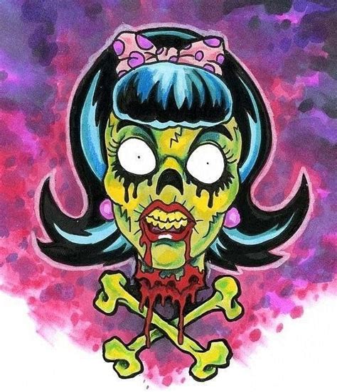 Cartoon Zombie Girl Face With A Bow And Crossed Bones Tattoo Design