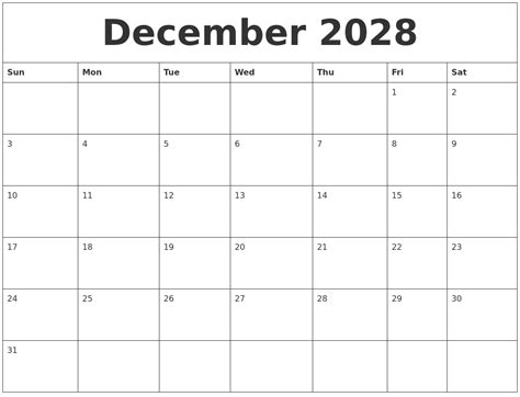 December 2028 Editable Calendar Template