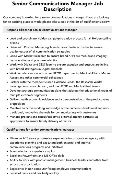 Senior Communications Manager Job Description Velvet Jobs