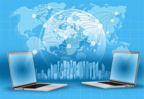 Laptops Globe And World Map Skyscrapers On Blue Stock Illustration