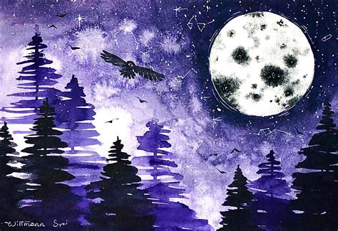 Moon Painting Landscape Original Art Full Moon Watercolor Wall Etsy