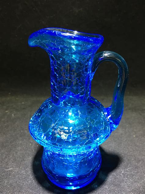 Vintage Blue Crackle Glass Miniature Pitcher
