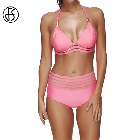 Fs Pink High Waist Mesh Patchwork Triangle Bikinis Set Brazilian Metal Swimsuit Swimwear Women