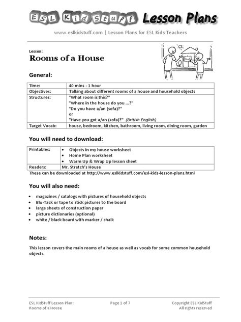 Rooms Of A House Lesson Plan Lesson Plan English As A Second Or