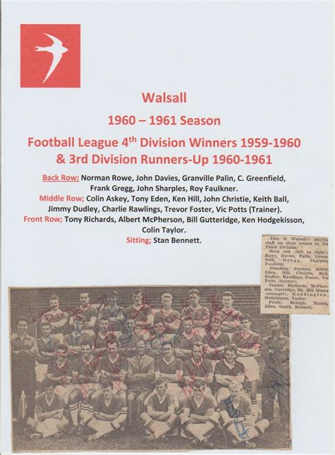 Walsall 1960 1961 Season Rare Original Autographed Team Group 22 X