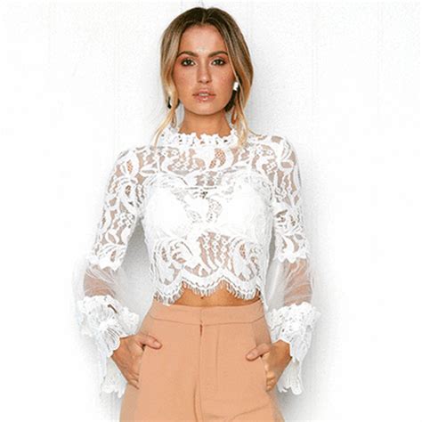 Cropped Lace Blouse With Back Zip And Flare Sleeve Top Tier Style