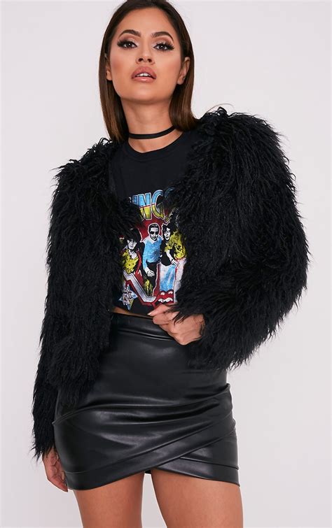 liddie black faux fur shaggy cropped jacket coats and jackets prettylittlething