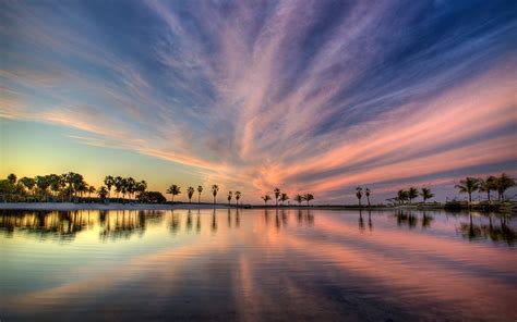 Nature Sea Water Sunset Clouds Trees Reflection Wallpapers Hd