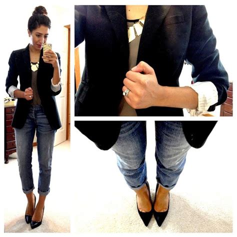 Skinny Jeans Black Blazer Pointed Heels And Gold Accents Mode Casual