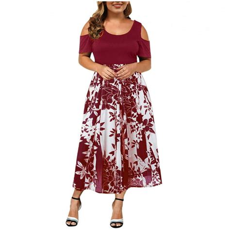 Womens Summer Cold Shoulder Maxi Dress Floral Print Short Sleeve Plus
